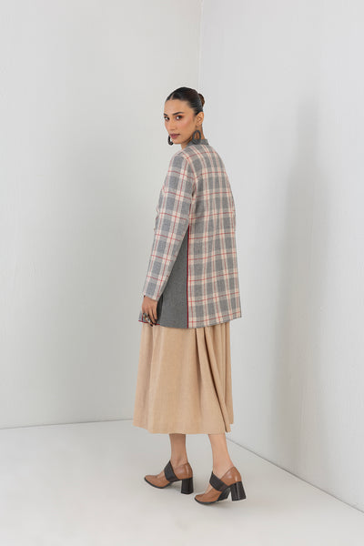 GREY & ECRU WOOLEN CHEQUERED MID LENGHTH JACKET (1PC)