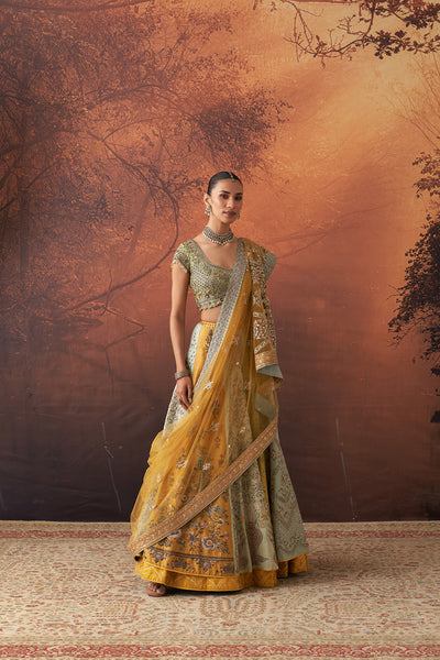 YELLOW & AQUA DUPION EMB. LEHENGA SET(KA-01B) (4 PCS)