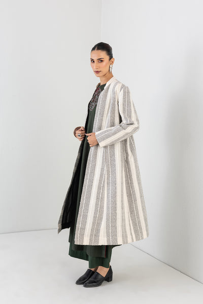 GREY & ECRU WOOLEN TEXTURED STRIPED LONG JACKET (1 PC)