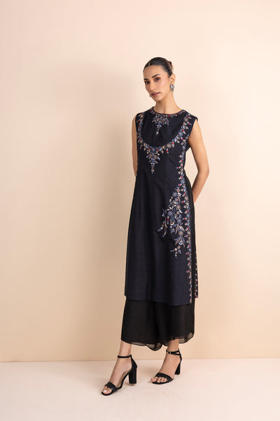 BLACK PRINTED & EMBROIDERED SLEEVELESS KURTA SET (2 PCS)