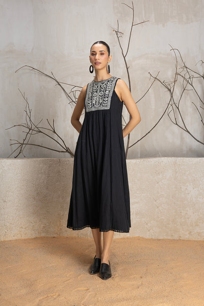 BLACK YOKE COTTON EMBROIDERED DRESS (1 PC)