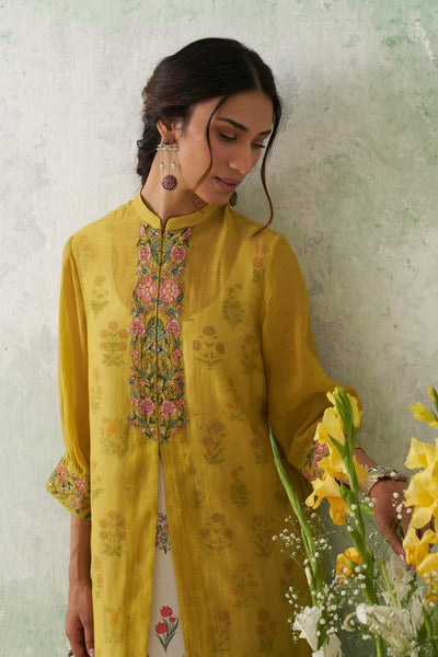 LIME GREEN CHANDERI EMB. KASHMIRA TUNIC & JACKET SET (2 PCS)