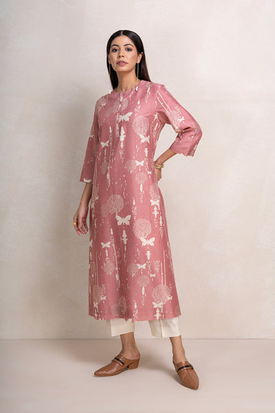 ONION PINK SILK CHANDERI PRINTED TUNIC (1 PC)