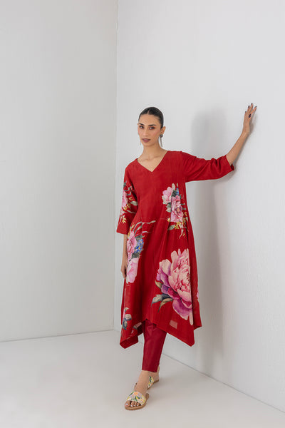 CRIMSON FLAME SILK CHANDERI CHINA ROSE PRINTED DRESS (1 PC)