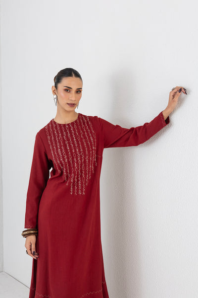 RED MELANGE ABSTRACT EMBROIDERED LONG DRESS (1 PC)