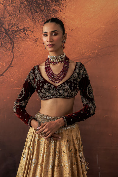 GOLD SILK TISSUE PRINTED & EMB. LEHENGA SET (EVO-07) (4 PCS)