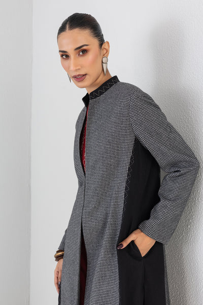 GREY & BLACK CHEQUERED WOOLEN LONG JACKET (1 PC)