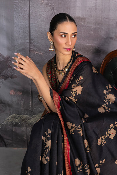 BLACK TUSSOR GEORGETTE DISCHARGE PRINTED SAREE (1 PC)