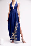 BLUE DUPION HALTER & SLIT DRESS WITH EMBROIDEREY AT BOTTOM (TL-131A/DRS)