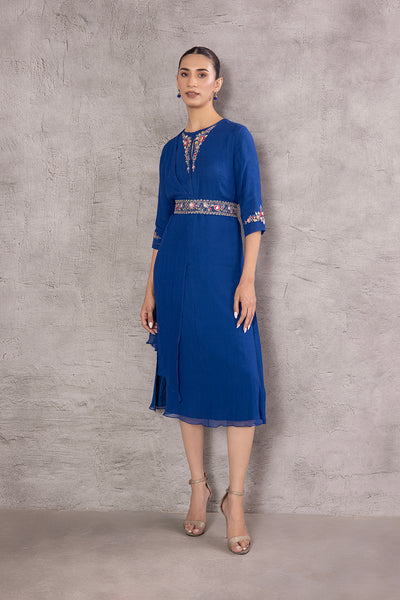 BLUE CHIFFION EMBROIDERED TUNIC WITH BELT (EM-07)