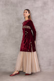 MAROON VELVET EMBROIDERED KURTA WITH TOOSH ORGANZA SHARARA & MATCHING EMBROIDERED DUPATTA