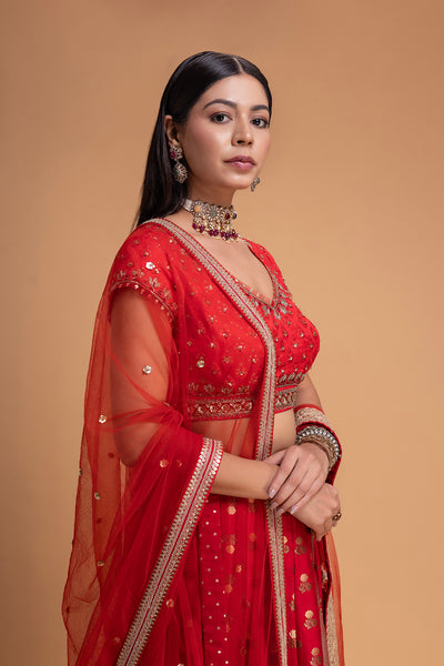 RED BROCADE LEHENGA SET (3 PCS)