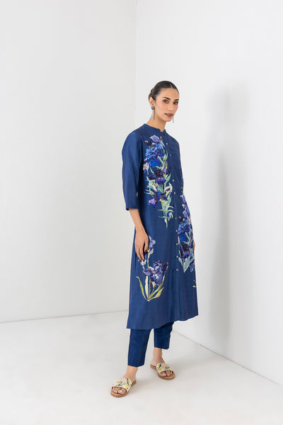 MIDNIGHT INDIGO SILK CHANDERI FLORAL PRINTED TUNIC (1 PC)