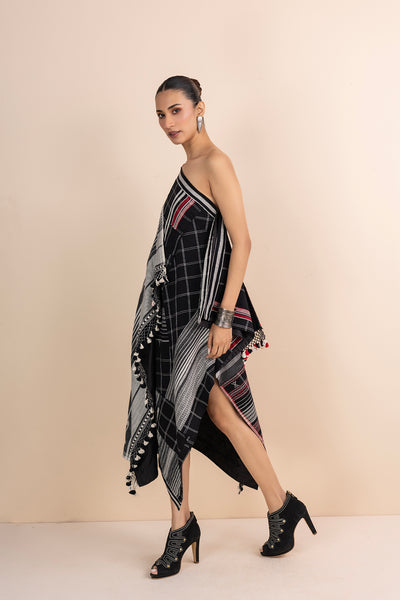 BLACK HANDWOVEN COTTON PATCHWORK DRAPED DRESS (1 PC)