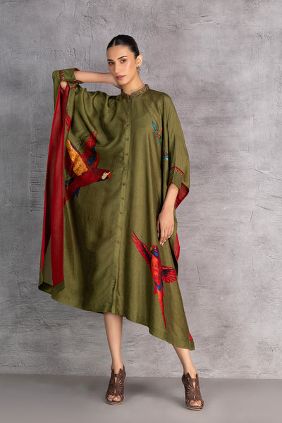 LEAF GREEN DUPION KAFTAAN (1 PC)