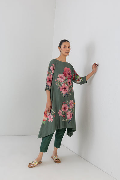 MINTED SAGE SILK CHANDERI HIBISCUS PRINTED DRESS (1 PC)