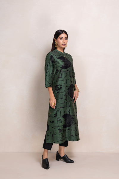 MILITARY GREEN SILK CHANDERI PRINTED TUNIC (1 PC)