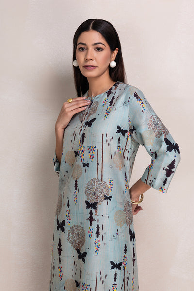 AQUA SILK CHANDERI PRINTED TUNIC (1 PC)