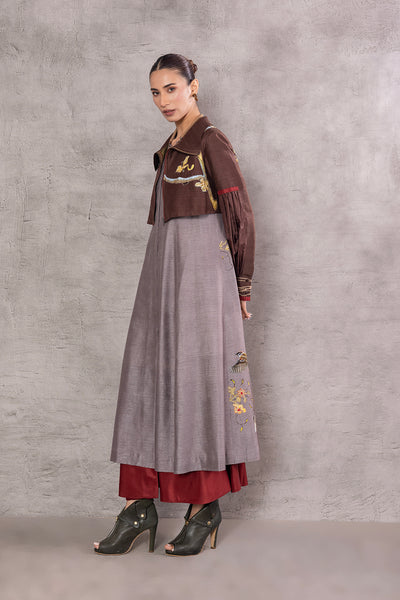 BROWN & GREY SILK TRENCH COAT WITH OLIVE KHADI PANTS (AJP-01)