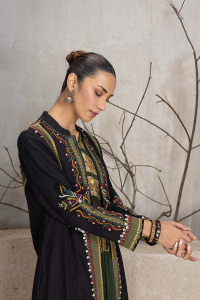 BLACK LINEN EMBROIDERED JACKET (1 PC)