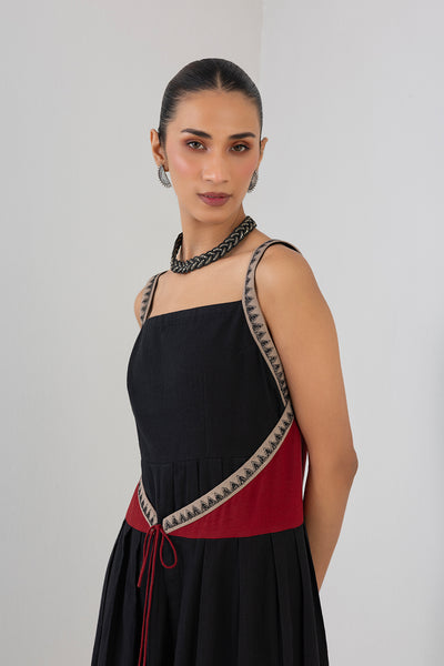 BLACK & RED MELANGE EMBROIDERED WRAP DRESS (1 PC)