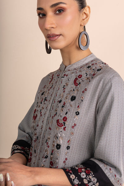 BEIGE & BLACK PRINTED & EMBROIDERED KURTA SET (2 PCS)