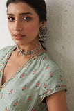 AQUA DUPION PRINTED & EMB. ANARKALI SET (2 PCS)