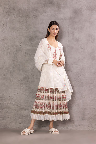 IVORY CHANDERI PRINTED TIER KURTA SET