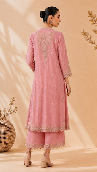 PINK EMBROIDERED KURTA SET WITH ELABORATE PALAZZO AND JACKET. (3 PCS)