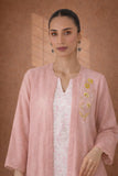 A SOFT ONION PINK KOTA KURTA SER WITH DELICATE HAND EMBROIDERY FOR AN EASY , ELAGANT LOOK