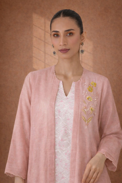 A SOFT ONION PINK KOTA KURTA SER WITH DELICATE HAND EMBROIDERY FOR AN EASY , ELAGANT LOOK