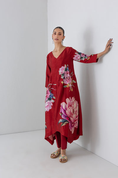 CRIMSON FLAME DUPION CHINA ROSE PRINTED DRESS (1 PC)