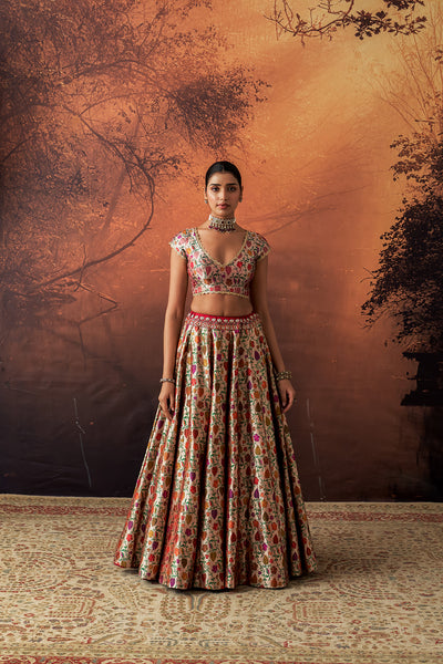 MULTICOLOUR KIMKHWA BORCADE EMB. LEHENGA SET(EVO-05) (5 PCS)