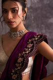 BROWN CRUSH ORGANZA TISSUE & PURPLE VELVET EMBROIDERED SAREE SET (4 PCS)