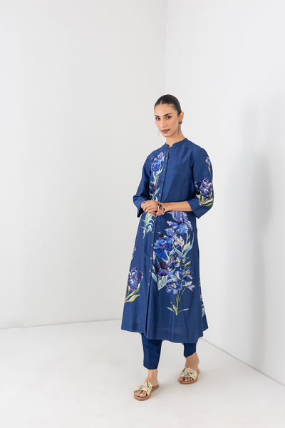 MIDNIGHT INDIGO SILK CHANDERI FLORAL PRINTED TUNIC (1 PC)