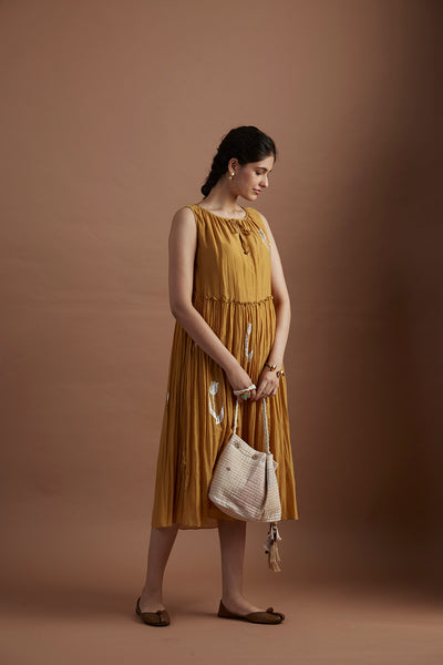 MUSTARD FOIL PRINTED SILK MUMUL TIERED DRESS (1 PC)