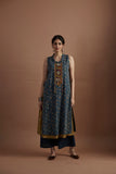 Teal & mustard printed & hand embroidered tunic (VEG-13D/TNC)