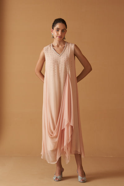 PEACH CHIFFON MOTI EMBROIDERED DRAPE DRESS ( SE-03A)