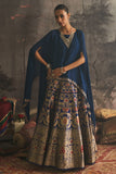 BLUE CHINON CHIFFON EMBROIDERED CAPE WITH COBALT BLUE SILK BROCADE LEHENGA (2 PCS)