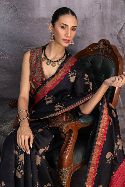 BLACK TUSSOR GEORGETTE DISCHARGE PRINTED SAREE (1 PC)