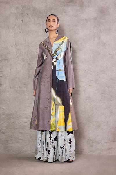 GREY DEER PRINTED DUPION JACKET WITH SKY BLUE DUPION BUTTERFLY PRINTED DRESS (AJP-02)