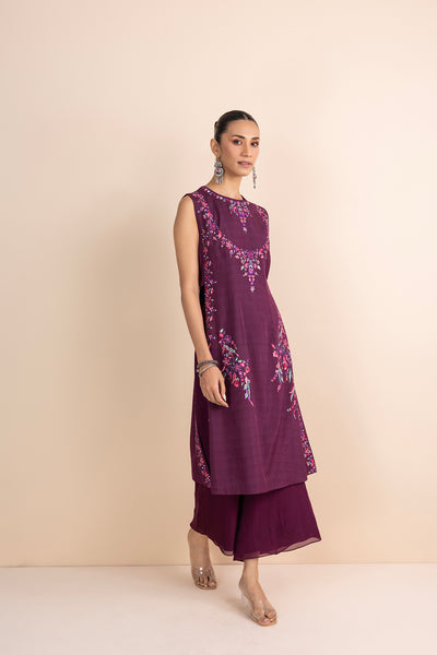 WINE PRINTED & EMBROIDERED SLEEVELESS KURTA SET (2 PCS)