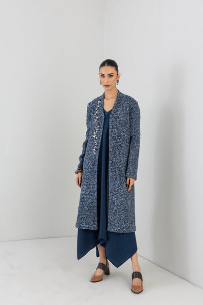 BLUE WOOLEN TEXTURED LONG JACKET (1 PC)