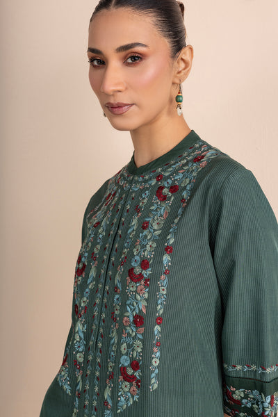 SHADES OF GREEN STRIPE PRINTED & EMBROIDERED KURTA SET (2 PCS)