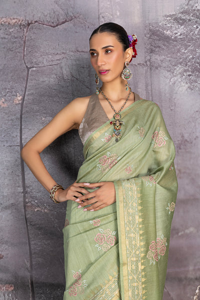 PISTA GREEN TUSSOR GEORGETTE SAREE (1 PC)