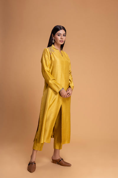 MUSTARD VISC. DUPION EMB. KURTA (2 PCS)