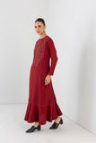 RED MELANGE ABSTRACT EMBROIDERED LONG DRESS (1 PC)