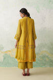 LIME GREEN THIN CHANDERI MULTICOLOUR KASHMIRI EMB. BACK SLIT KURTA SET (3 PCS)