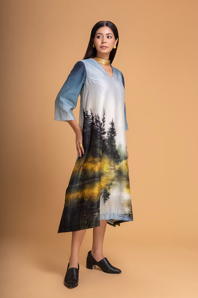 BLUES CHANDERI PRINTED DRESS (1 PC)
