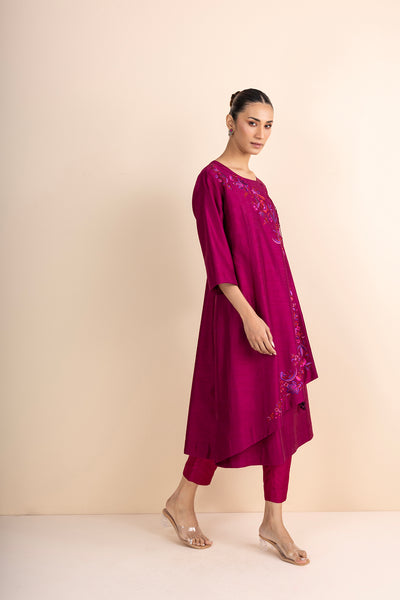 MAGENTA STRIPE DUPION PRINTED & EMBROIDERED ANGRAKHA KURTA SET (2 PCS)